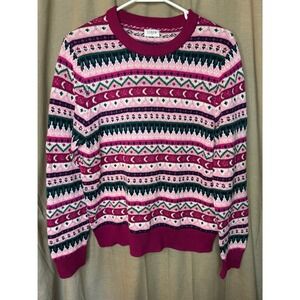 J Crew Fair Isle Knit Sweater Pink Green Moon Star Pattern CrewNeck Celestial L